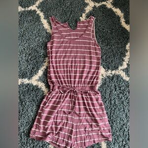 Women’s Romper, size medium, purple and white stripe.